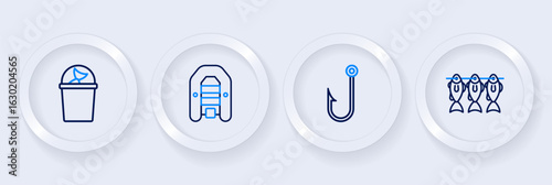 Set line Case or box for fishing equipment, Fisherman, Inflatable boat with motor and hat icon. Vector