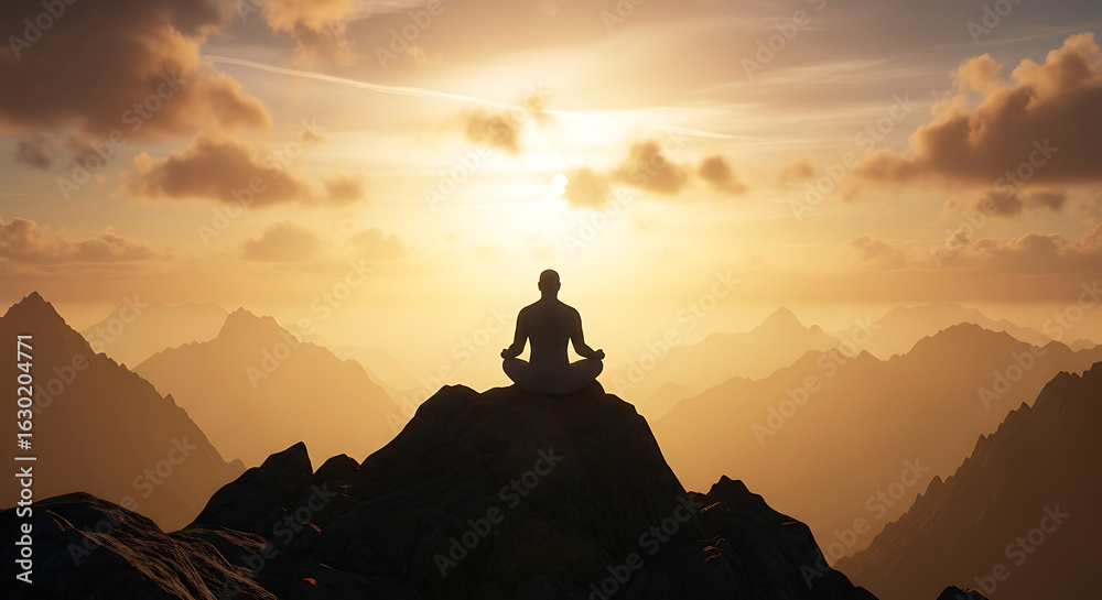 Fototapeta premium Silhouette of meditative figure at sunrise against majestic mountain range background