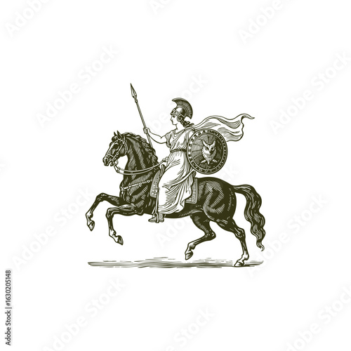 engraving of the Greek goddess Athena holding a spear and shield while riding a mighty horse