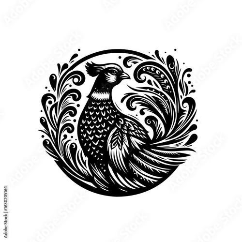 Elegant Black and White Pheasant Illustration.