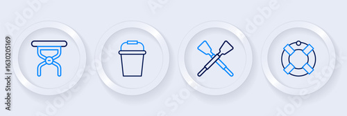 Set line Lifebuoy, Crossed oars or paddles boat, Fishing bucket and Camping folding chair icon. Vector