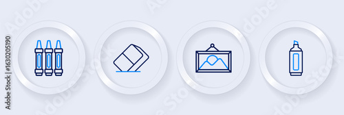 Set line Marker pen, Picture landscape, Eraser or rubber and Wax crayons for drawing icon. Vector