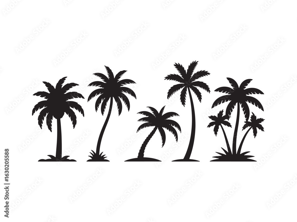 Naklejka premium Collection of palm tree silhouettes vector isolated on white background.