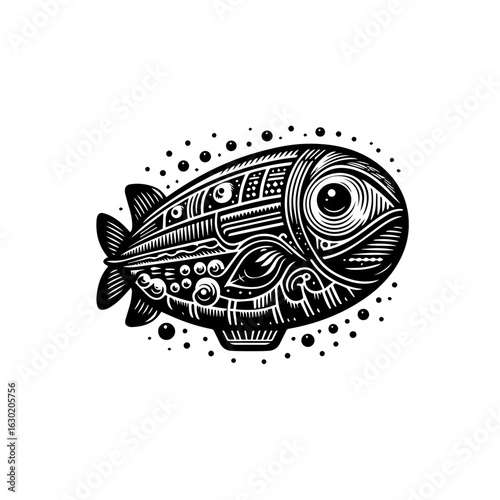 Intricate Black and White Steampunk Airship Design.