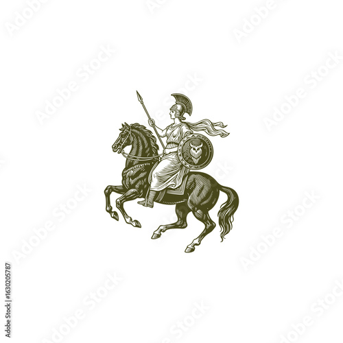 engraving of the Greek goddess Athena holding a spear and shield while riding a mighty horse