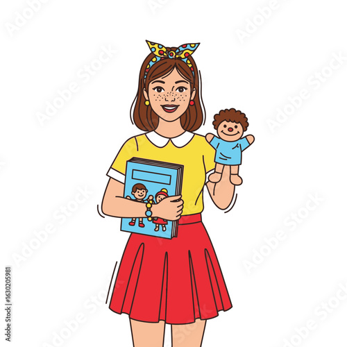 A friendly young teacher or storyteller holding a children's book and a hand puppet for an educational performance or creative play