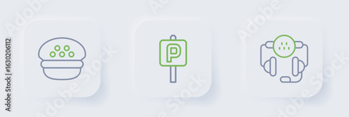 Set line Taxi call telephone service, Parking and driver cap icon. Vector