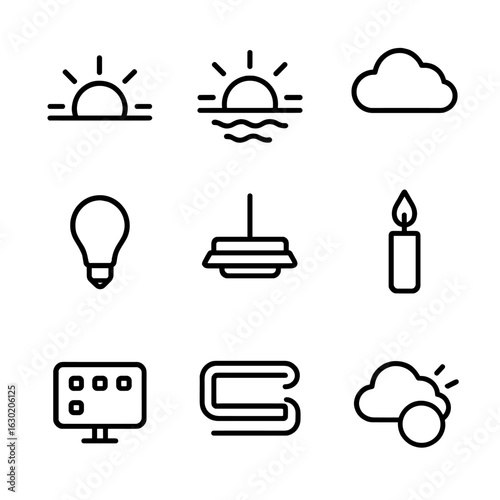 Lighting Icon Set. Outline icon set of lighting conditions for white balance: sunrise scene icon, sunset glow icon, overcast sky