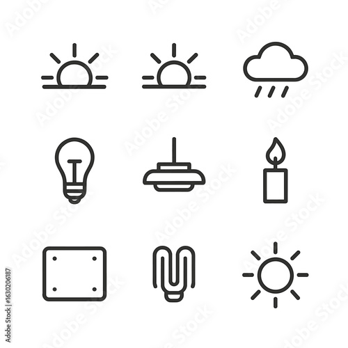 Lighting Icon Set. Outline icon set of lighting conditions for white balance: sunrise scene icon, sunset glow icon, overcast sky