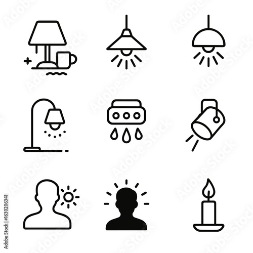 Lighting Mood Icons. Outline icon set of lighting moods: cozy light, harsh light, soft light, ambient light, colored light,