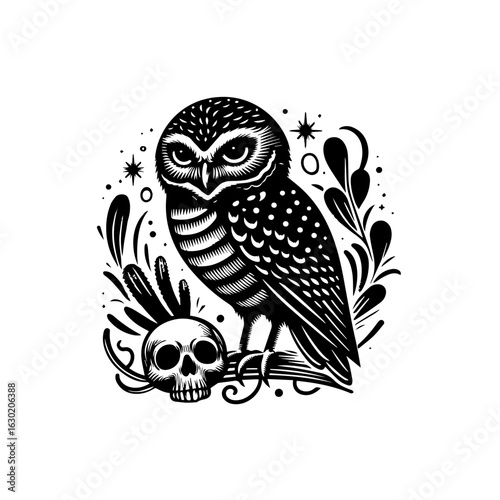 Mysterious Owl Perched on Skull with Ornate Details.