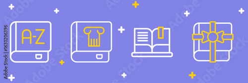 Set line Book as a gift, Open book, History and Translator icon. Vector