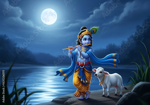 Lord Krishna with cow under full moon and clouds Hindu god