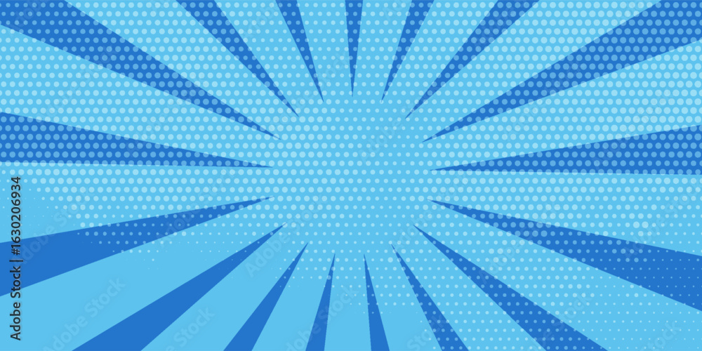 Obraz premium Anime explosion background with radial lines - dynamic starburst with speed motion effect. Blue and white halftone pattern for superhero action in manga comic book style