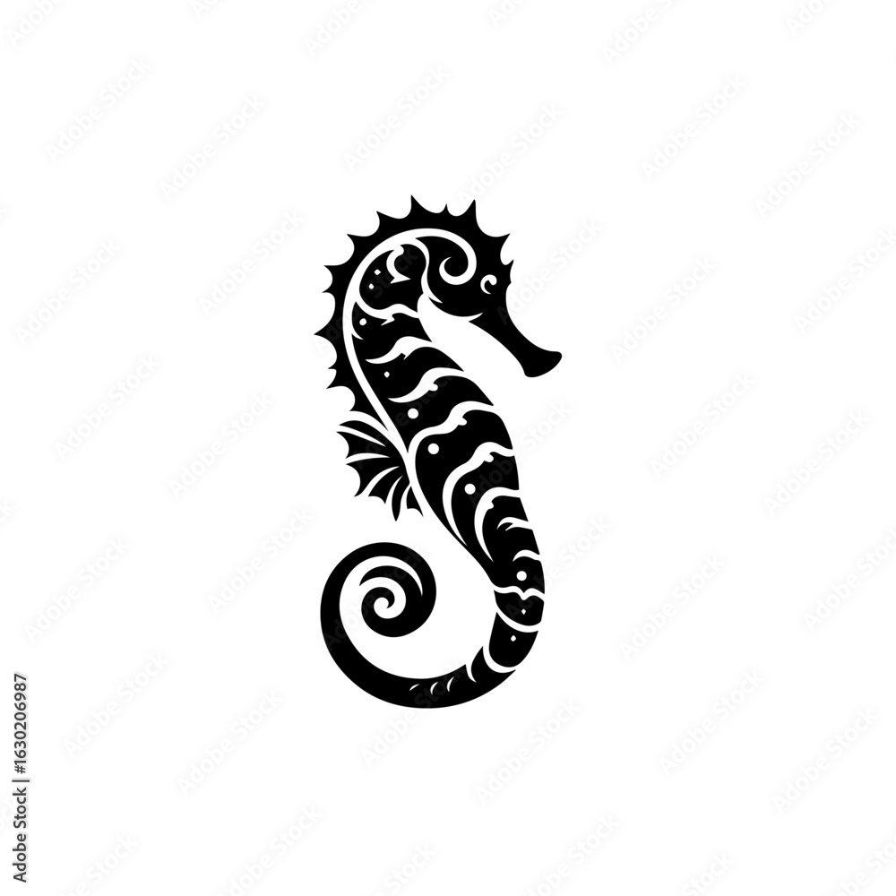 Fototapeta premium Ornate Black Seahorse Silhouette Design.