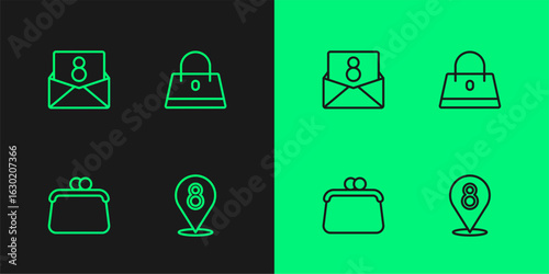 Set line 8 March, Handbag, Envelope with and icon. Vector