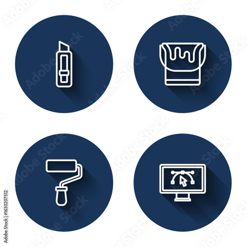 Set line Stationery knife, Paint bucket, roller brush and Computer with design program with long shadow. Blue circle button. Vector