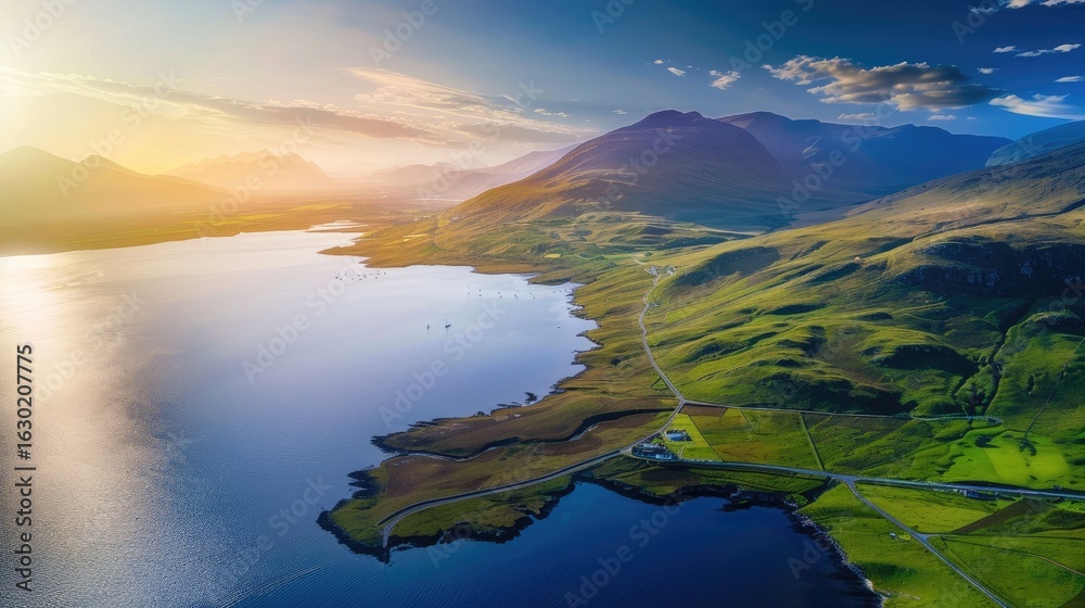 Obraz premium Scenic view of a tranquil lake and rolling hills at sunrise.