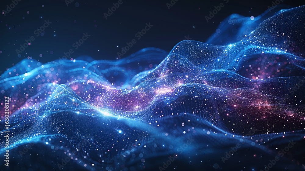 Obraz premium Abstract digital landscape with glowing particles. Dynamic data visualization. Futuristic, wave-like patterns. Complex network of interconnected points. Abstract art form.