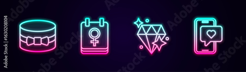 Set line Gift box and heart, Calendar with 8 March, Diamond and Mobile. Glowing neon icon. Vector
