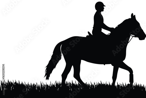 Black vector silhouette of a rider on a galloping horse, an isolated equestrian illustration for racing sports