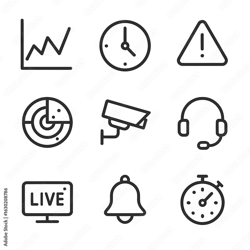 Fototapeta premium Live Monitoring Icons. Outline icon set of live monitoring: graph, clock, alert notification, radar, camera, headset, live