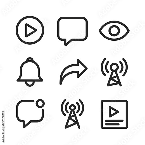 Live Stream Icon Set. Outline icon set of live stream platforms and apps: play button, chat bubble, viewer count, subscribe bell,