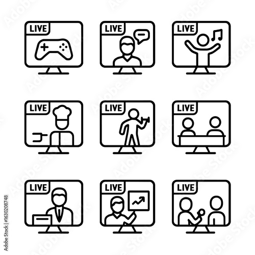 Live Stream Icon Set. Outline icon set of live streaming activities: gaming, webinar, music concert, cooking show, fitness class,