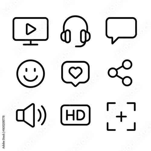 Live Stream Icons. Outline icon set of live stream viewer experience: screen device, headphones, chat message, emoji reaction,