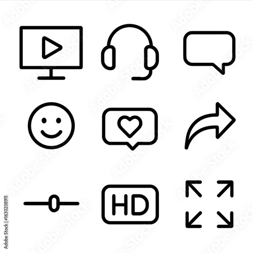 Live Stream Icons. Outline icon set of live stream viewer experience: screen device, headphones, chat message, emoji reaction,