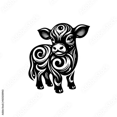 Stylized Black Calf with Swirling Patterns.