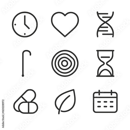 Longevity Icon Set. Outline icon set of longevity: clock, heart, DNA, walking cane, tree rings, hourglass, pills, leaf, calendar.