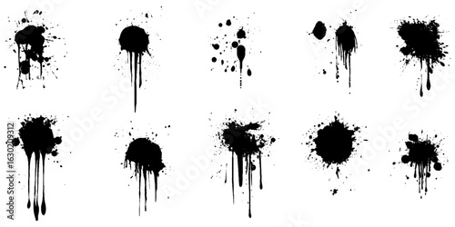 Illustrated ink spots set bloat collection in black and white. Black ink splashes. Grunge splatters. 
