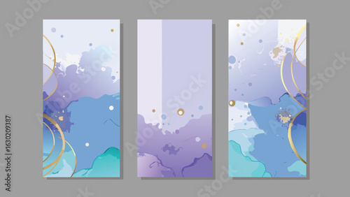 Three artistic banners painted in blue and gold, creating a bold and colorful visual presentation..eps