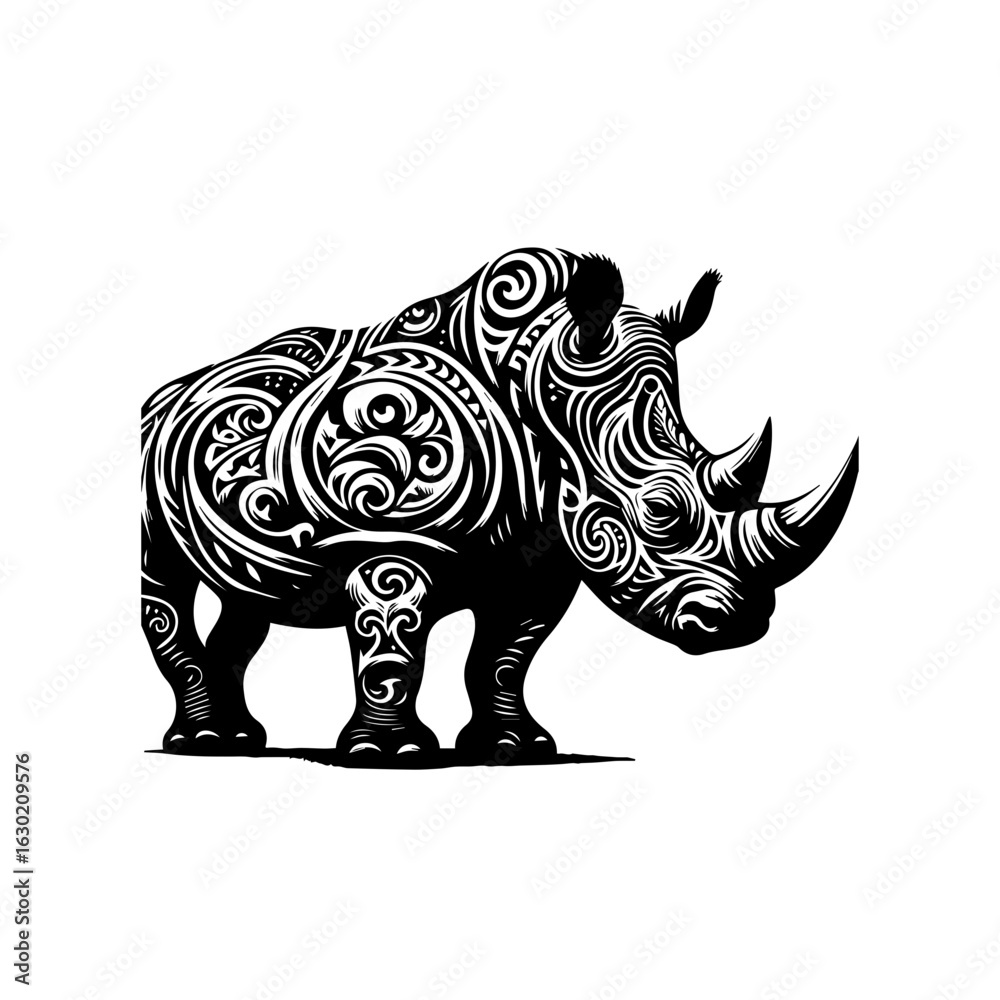 Fototapeta premium Stylized Black Rhinoceros with Intricate Tribal Patterns.