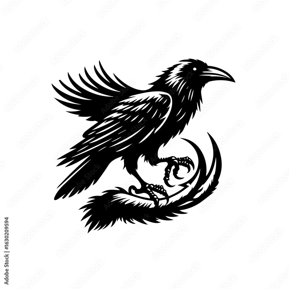 Fototapeta premium Stylized Black Raven Perched on a Swirling Tail.