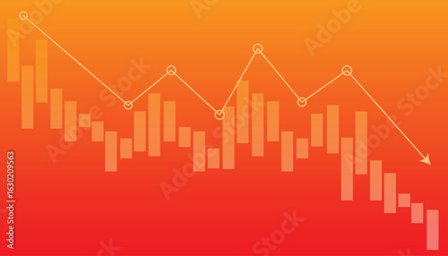 financial chart illustrating a strong downward trend. The image features a candlestick or bar chart in the background, with a volatile line graph overlaid, tracking key highs and lows.