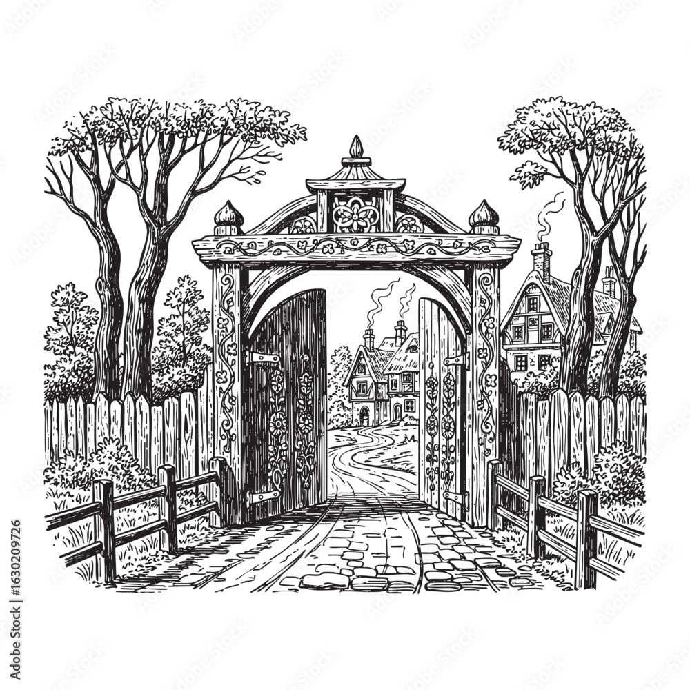 Fototapeta premium vintage gate village woodcut engraving vector illustration