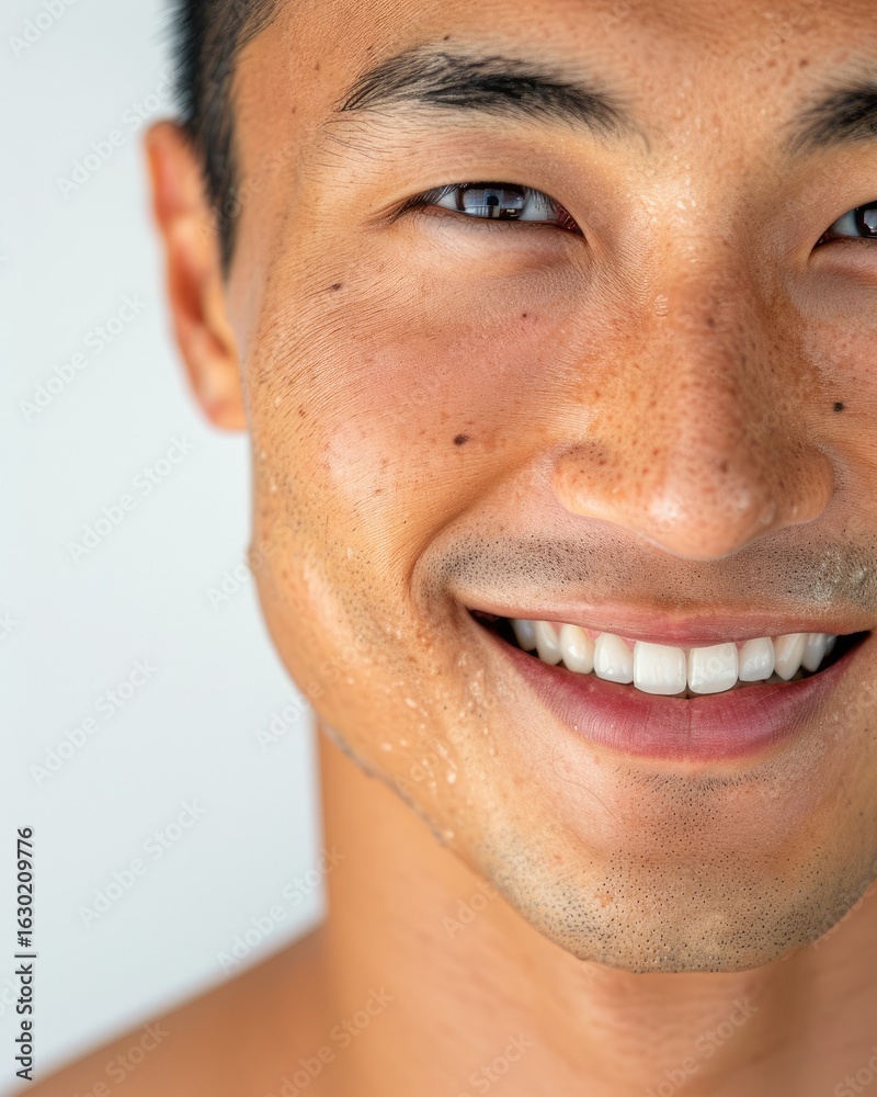 Fototapeta premium Close-up of a smiling Asian man with freckles.