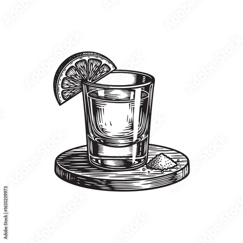 Tequila Shot Cocktail engraving woodcut vector illustration