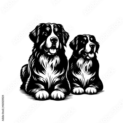 Two Bernese Mountain Dogs Sitting Together.