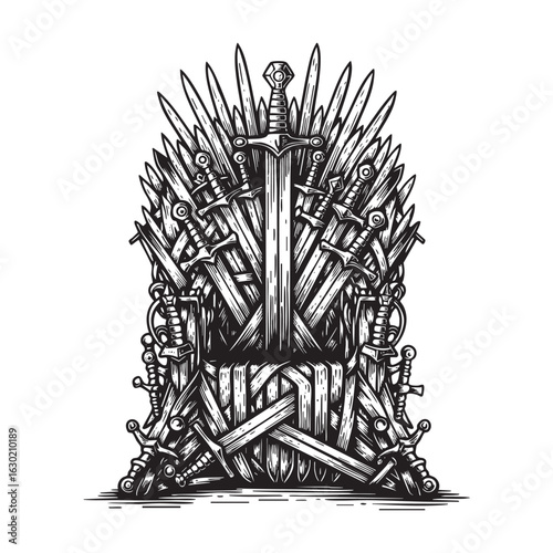 swords Throne chair engraving woodcut vector illustration