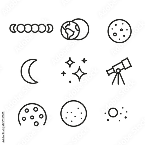 Lunar Eclipse Icons. Outline icon set of lunar eclipse elements: moon phases, earth shadow, penumbra, umbra, blood moon, crescent