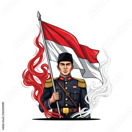 Indonesian Soldier Holding National Flag with Red and White Smoke