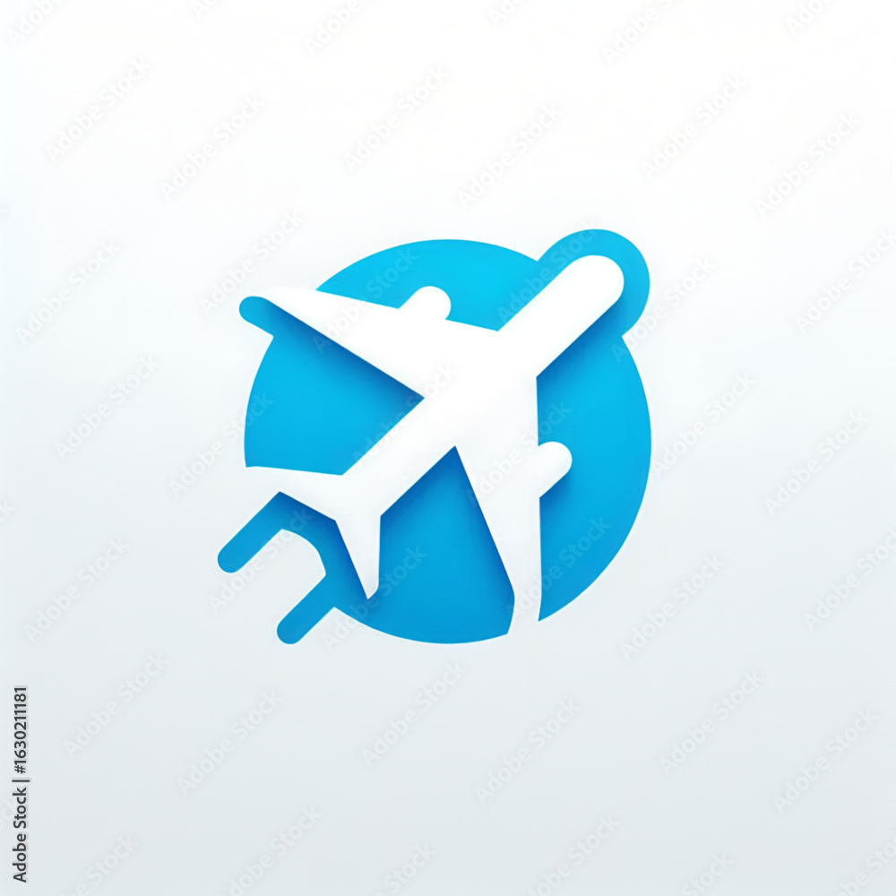 Fototapeta premium White Airplane in Blue Circle – Minimalist Aviation Icon 
