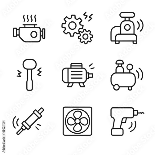 Machine Sound Icons. Outline icon set of machine noise: engine hum, gear grinding, machine whirring, tool clanking, motor buzzing,