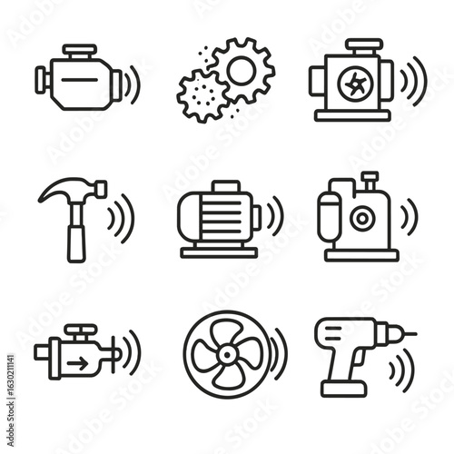 Machine Sound Icons. Outline icon set of machine noise: engine hum, gear grinding, machine whirring, tool clanking, motor buzzing,