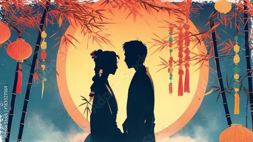 Silhouetted couple embracing under lanterns during Tanabata festival  