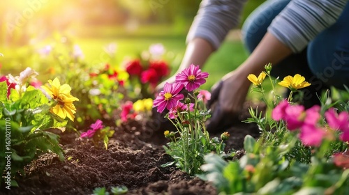 Fototapeta Naklejka Na Ścianę i Meble -  A gardener kneeling in a sunny backyard digging carefully into the soil to plant colorful flowers
