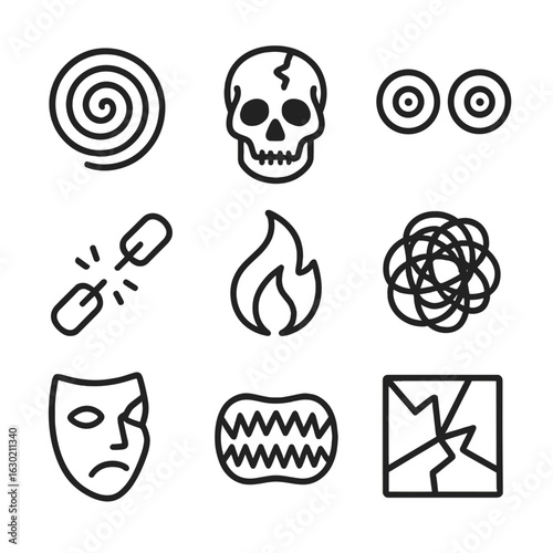 Madness Icon Set. Outline icon set of madness motifs: hypnotic spiral, cracked skull, wild eyes, broken chains, flickering flame,